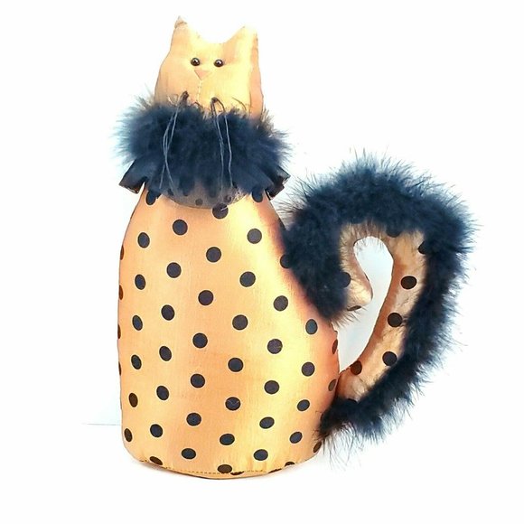 Plush 12" Cat Gold Black Polka Dot Faux Fur Feline embroidery Plump Shiny - Picture 10 of 12
